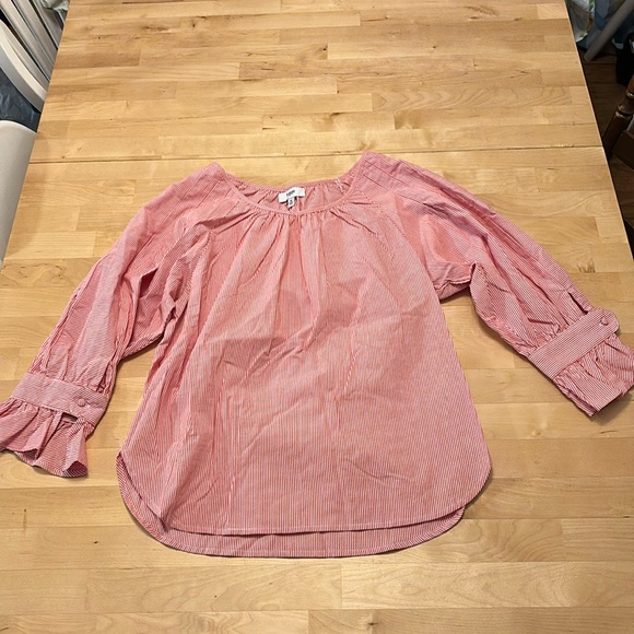 Kensie Jeans Top Striped Blouse Sz small red White Ruffle Button Cuffs Puff - Picture 1 of 4
